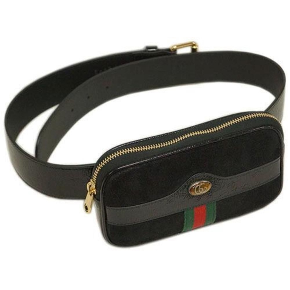 Gucci GG Marmont Black Leather Belt Bag with Green and Red Stripe